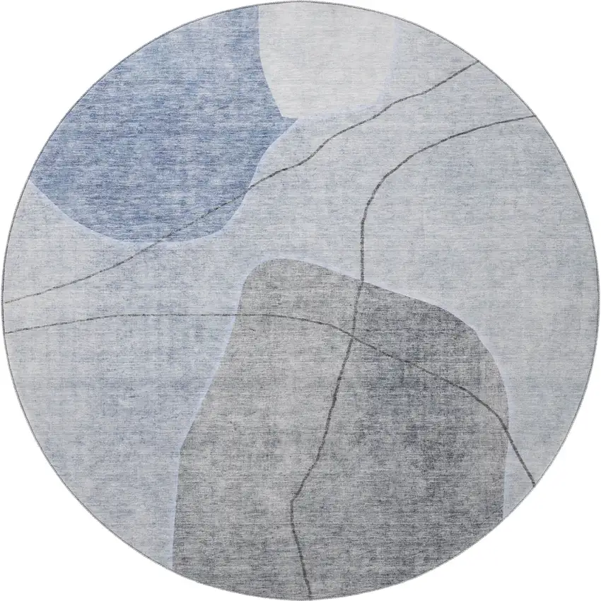 8' Blue And Gray Abstract Washable Round Rug With UV Protection Photo 3