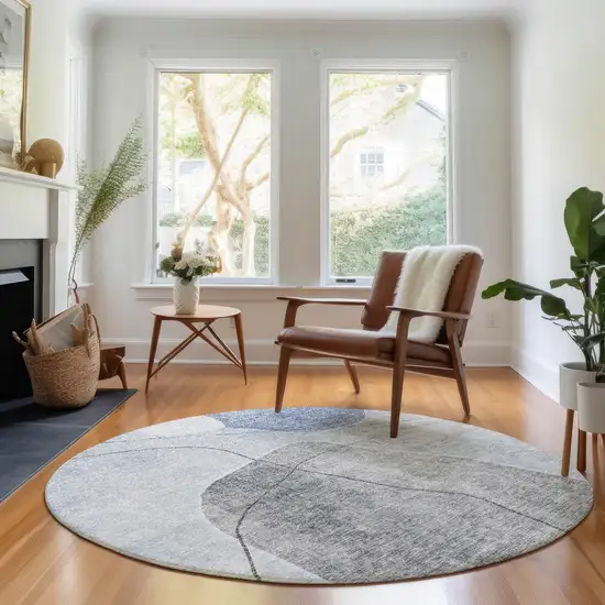 8' Blue And Gray Abstract Washable Round Rug With UV Protection Photo 4