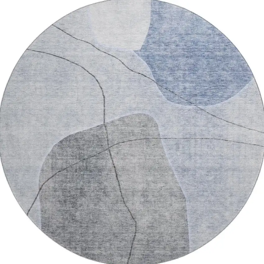 8' Blue And Gray Abstract Washable Round Rug With UV Protection Photo 2