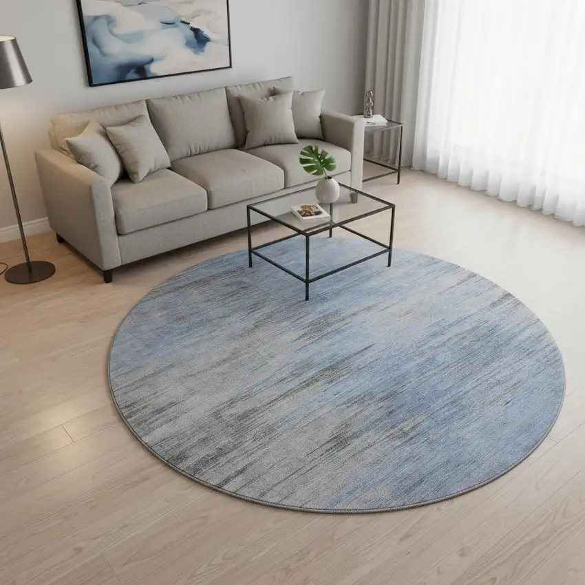 8' Blue And Gray Abstract Washable Round Rug With UV Protection Photo 2
