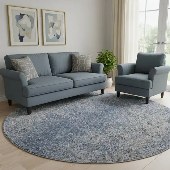 8' Blue And Gray Abstract Washable Round Rug With UV Protection Photo 1