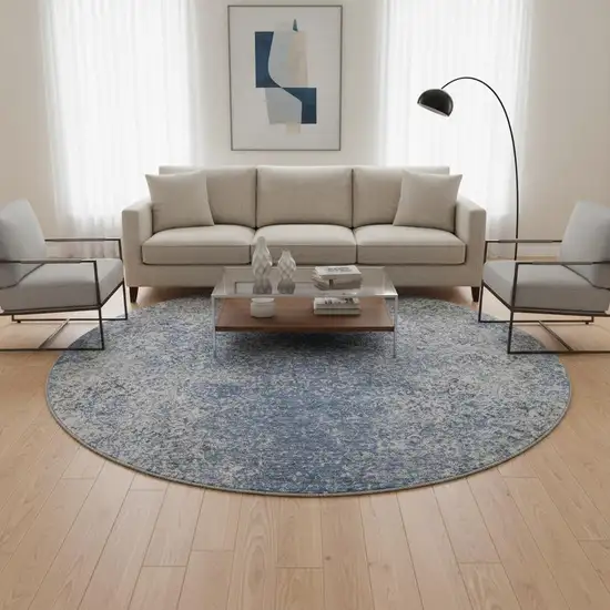 8' Blue And Gray Abstract Washable Round Rug With UV Protection Photo 2