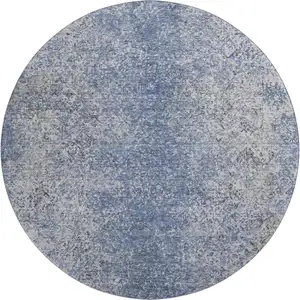 Photo of 8' Blue And Gray Abstract Washable Round Rug With UV Protection