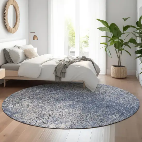 8' Blue And Gray Abstract Washable Round Rug With UV Protection Photo 5