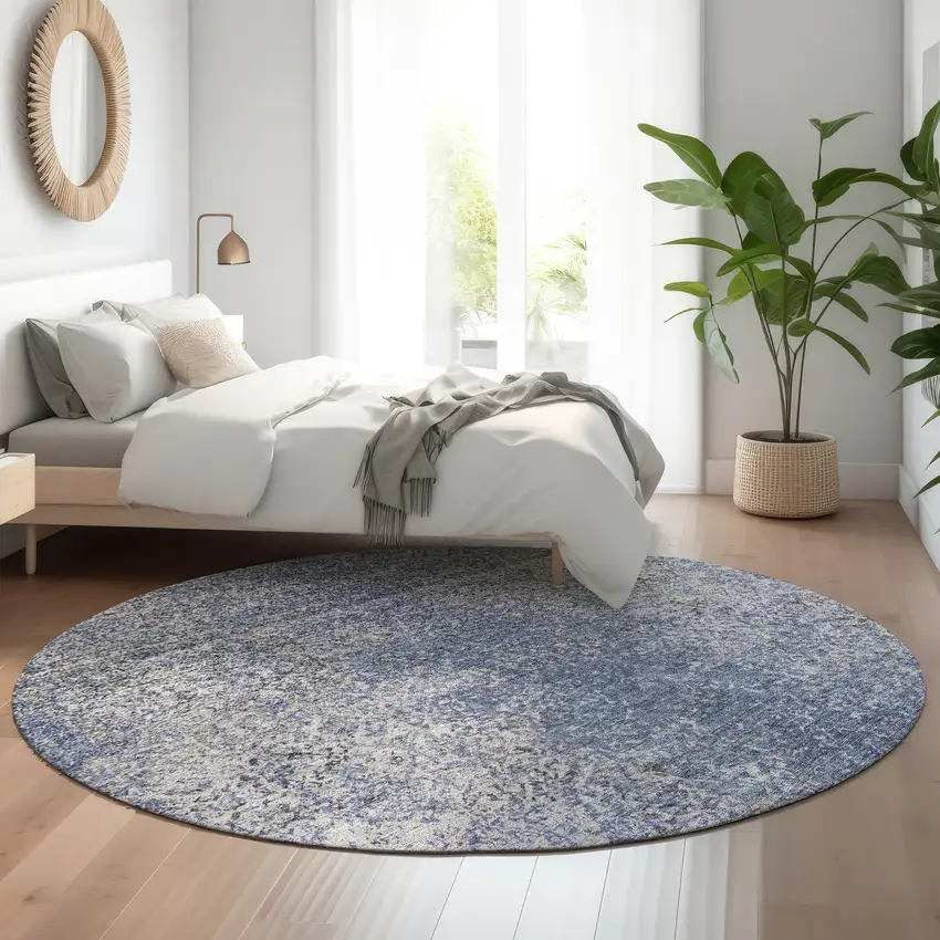 8' Blue And Gray Abstract Washable Round Rug With UV Protection Photo 5