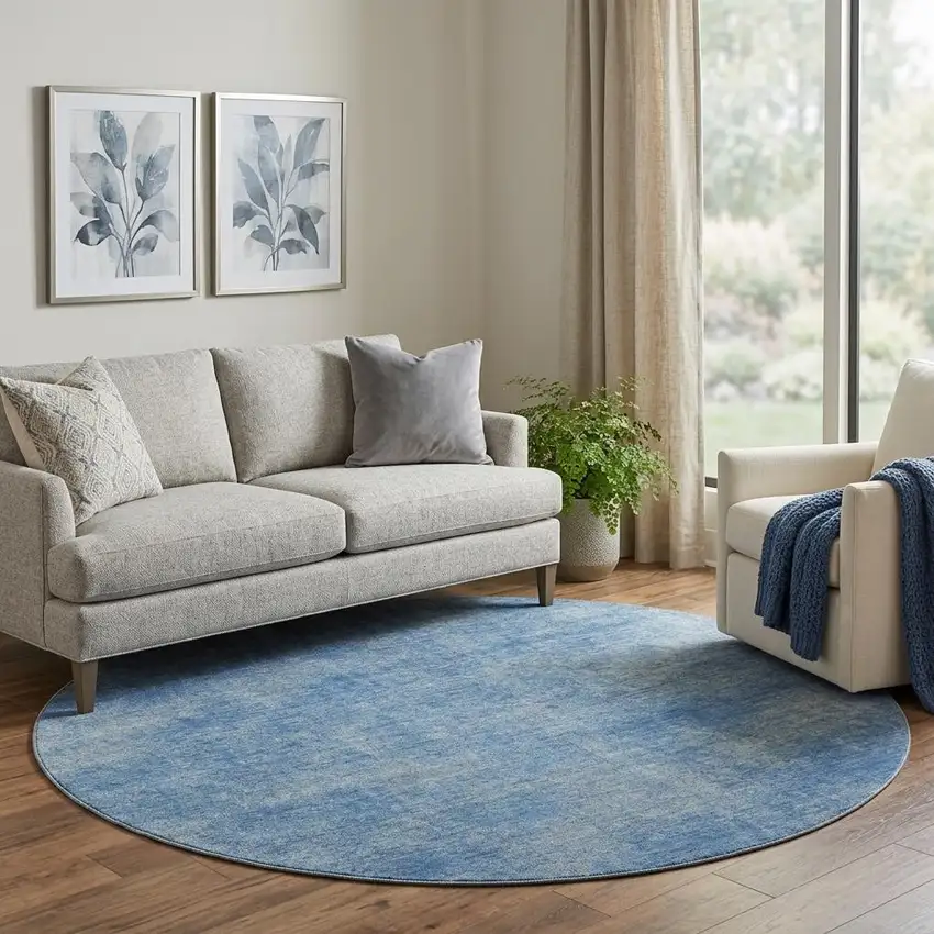 8' Blue And Gray Abstract Washable Round Rug With UV Protection Photo 1