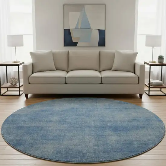 8' Blue And Gray Abstract Washable Round Rug With UV Protection Photo 2