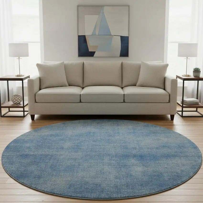 8' Blue And Gray Abstract Washable Round Rug With UV Protection Photo 2