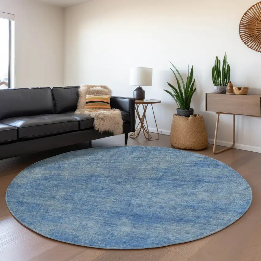8' Blue And Gray Abstract Washable Round Rug With UV Protection Photo 3
