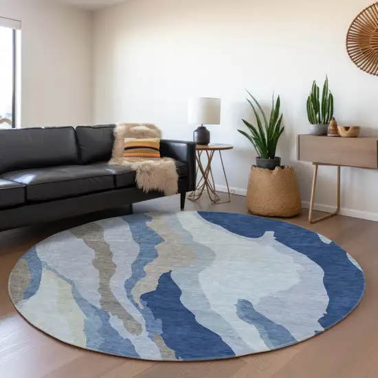 8' Blue And Gray Abstract Washable Round Rug With UV Protection Photo 4