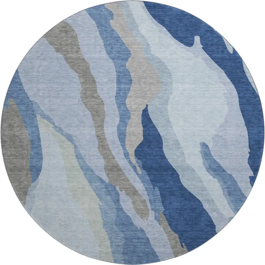 8' Blue And Gray Abstract Washable Round Rug With UV Protection Photo 1