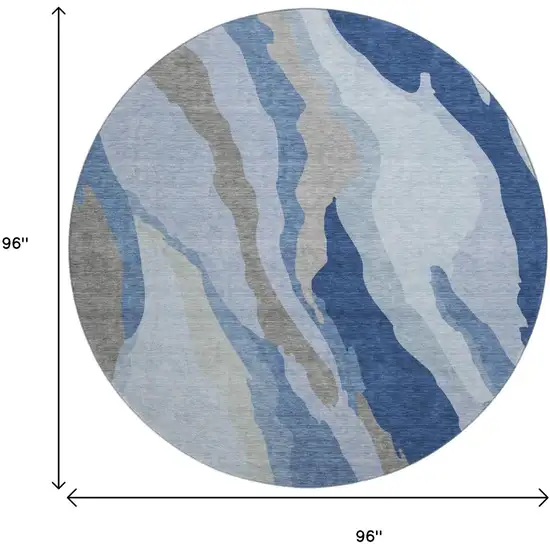 8' Blue And Gray Abstract Washable Round Rug With UV Protection Photo 9