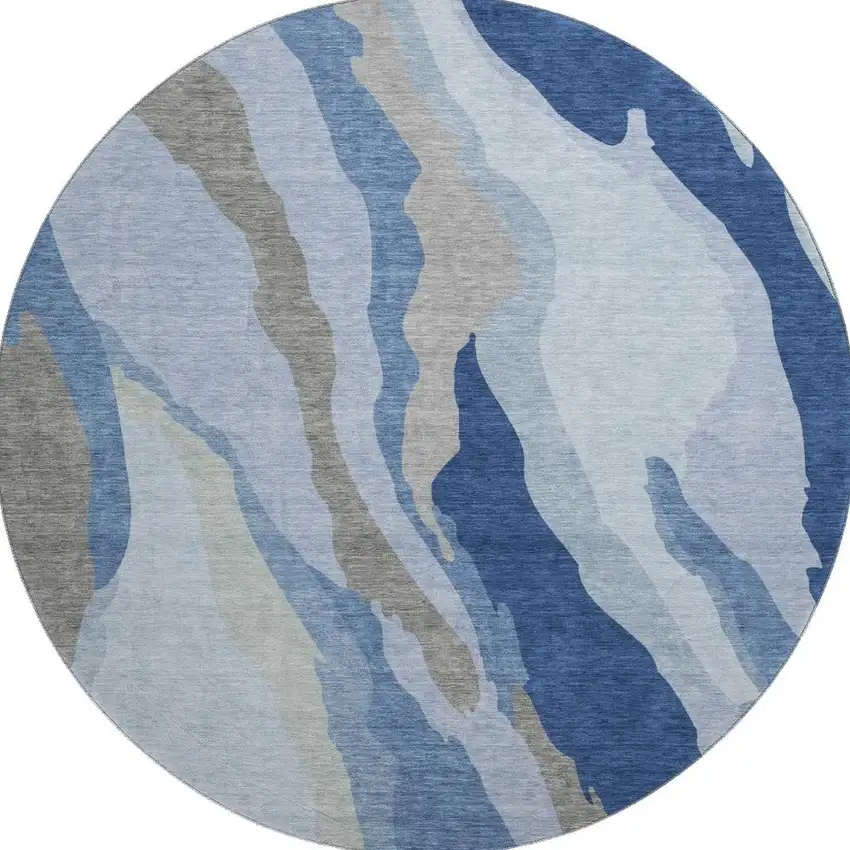 8' Blue And Gray Abstract Washable Round Rug With UV Protection Photo 2