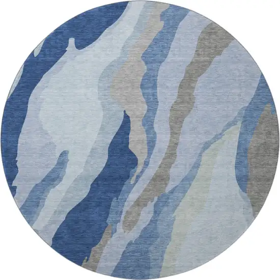 8' Blue And Gray Abstract Washable Round Rug With UV Protection Photo 3