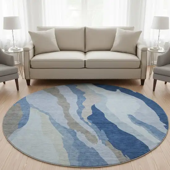 8' Blue And Gray Abstract Washable Round Rug With UV Protection Photo 2