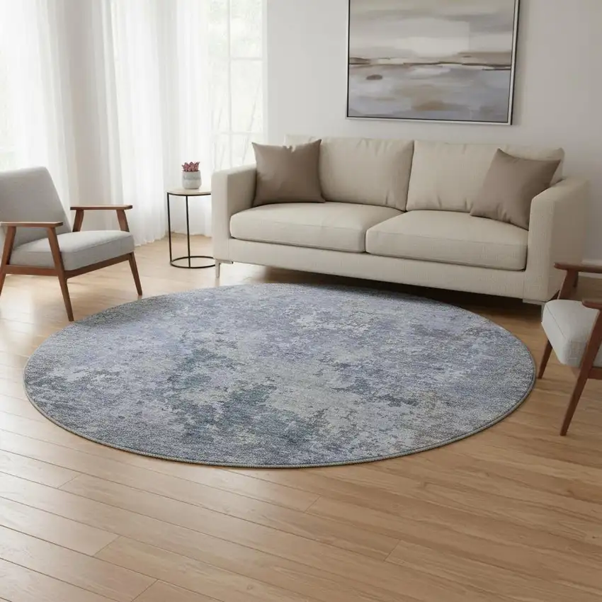 8' Blue And Gray Abstract Washable Round Rug With UV Protection Photo 2