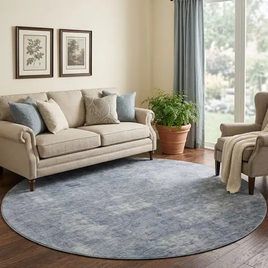 8' Blue And Gray Abstract Washable Round Rug With UV Protection Photo 1