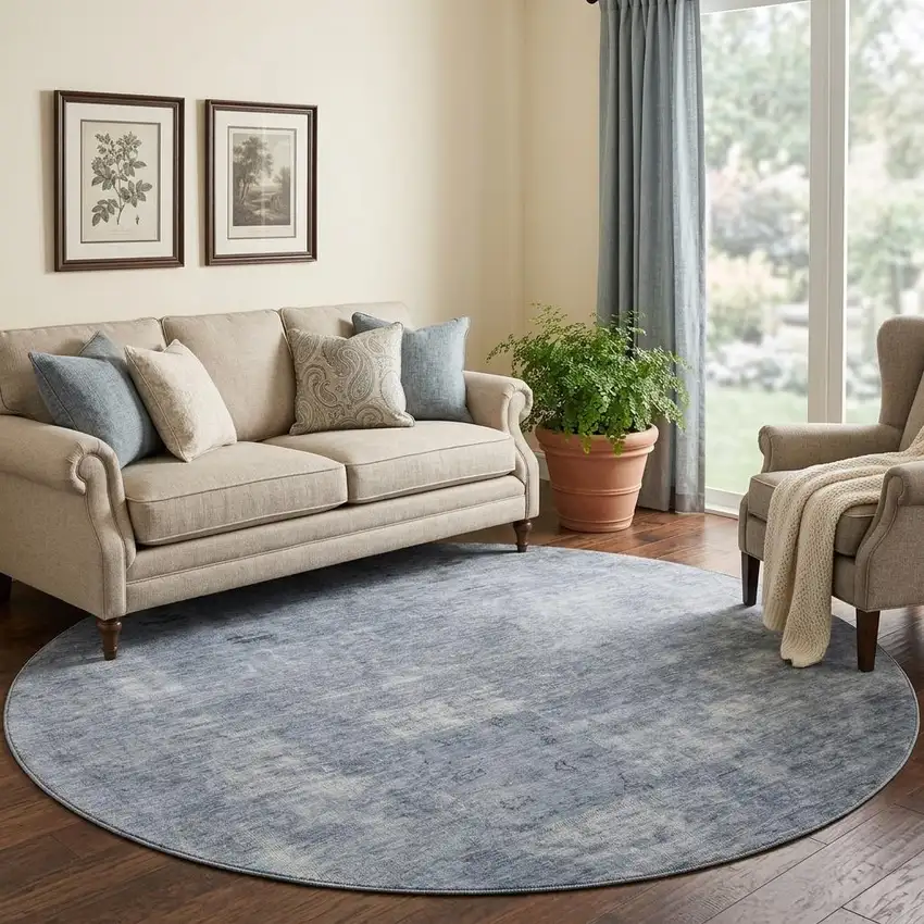 8' Blue And Gray Abstract Washable Round Rug With UV Protection Photo 1