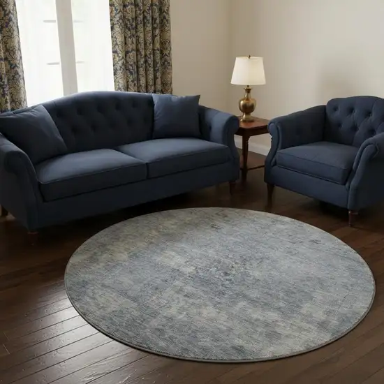 8' Blue And Gray Abstract Washable Round Rug With UV Protection Photo 2