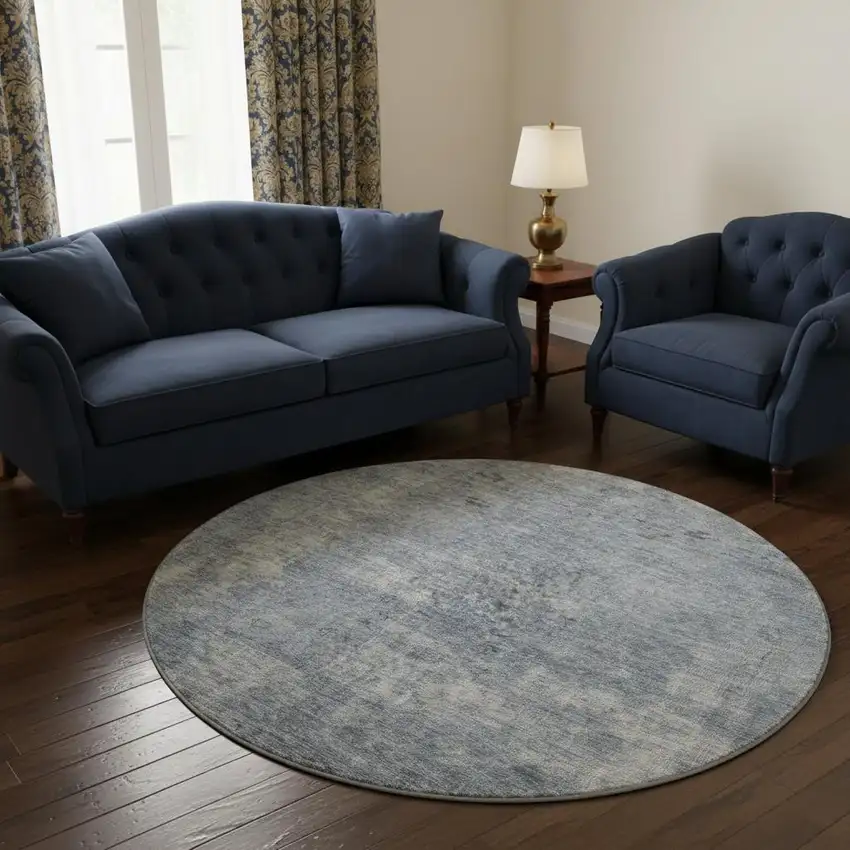 8' Blue And Gray Abstract Washable Round Rug With UV Protection Photo 2