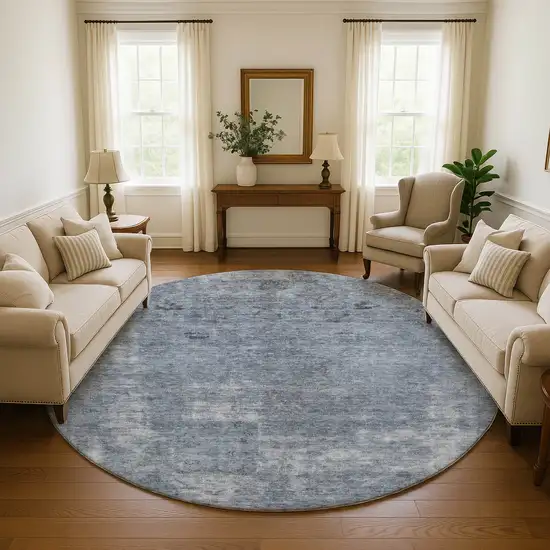 8' Blue And Gray Abstract Washable Round Rug With UV Protection Photo 4