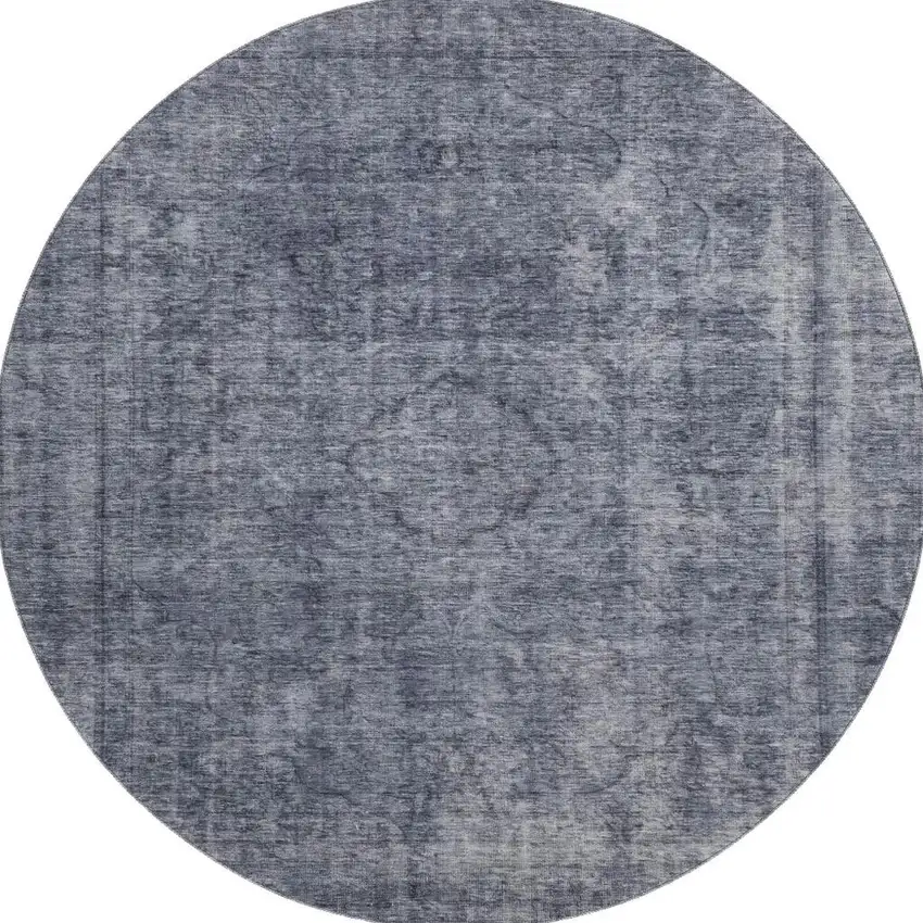 8' Blue And Gray Abstract Washable Round Rug With UV Protection Photo 3