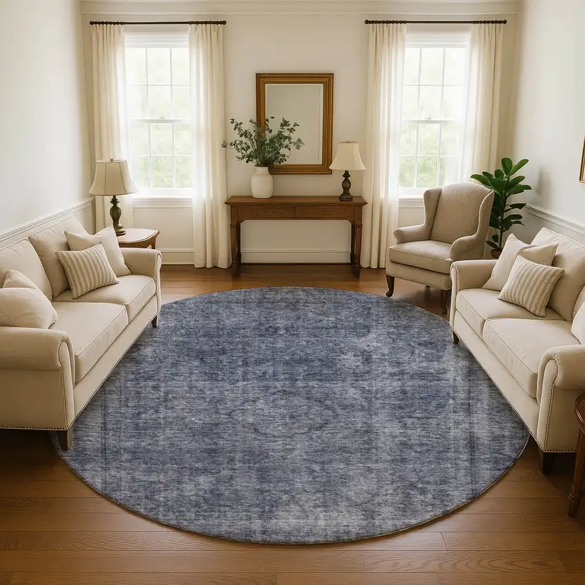 8' Blue And Gray Abstract Washable Round Rug With UV Protection Photo 4
