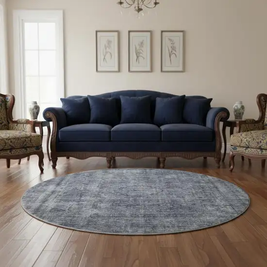 8' Blue And Gray Abstract Washable Round Rug With UV Protection Photo 2