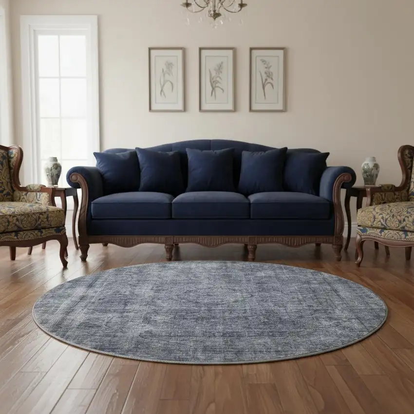 8' Blue And Gray Abstract Washable Round Rug With UV Protection Photo 2