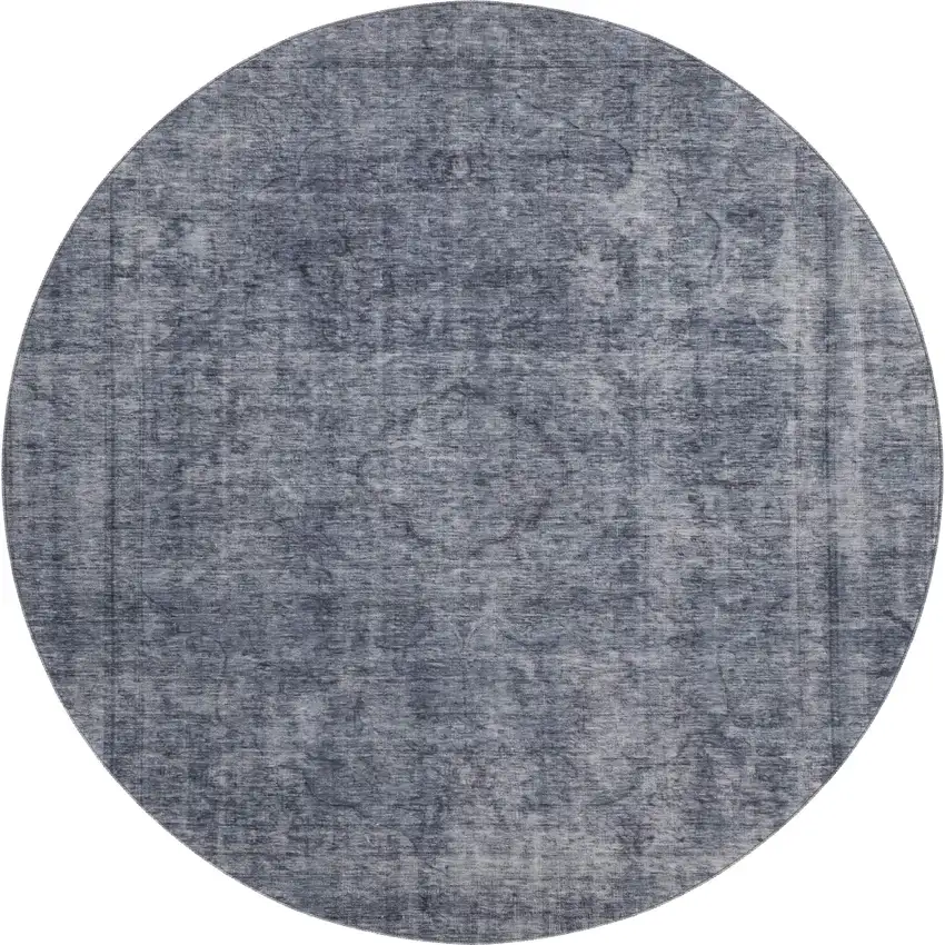 8' Blue And Gray Abstract Washable Round Rug With UV Protection Photo 1