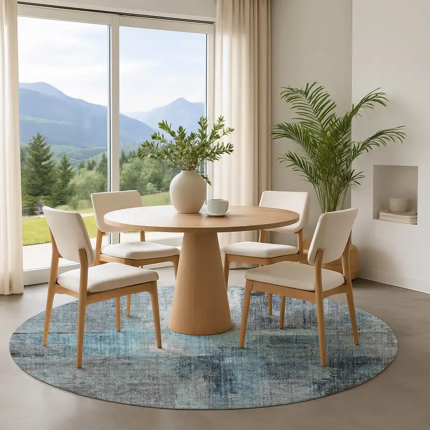 8' Blue And Gray Abstract Washable Round Rug With UV Protection Photo 3