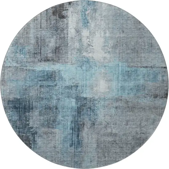 8' Blue And Gray Abstract Washable Round Rug With UV Protection Photo 2
