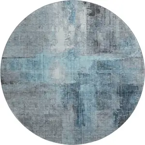 Photo of 8' Blue And Gray Abstract Washable Round Rug With UV Protection
