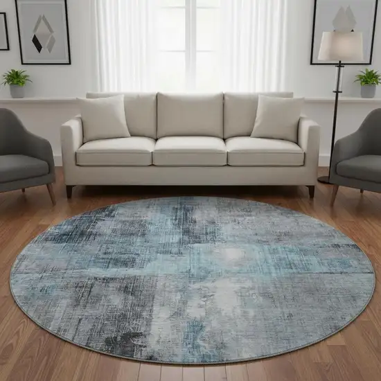 8' Blue And Gray Abstract Washable Round Rug With UV Protection Photo 2