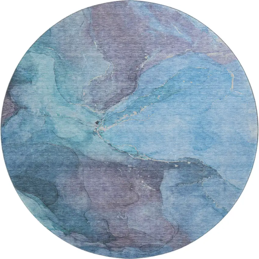 8' Blue And Gray Abstract Washable Round Rug With UV Protection Photo 1