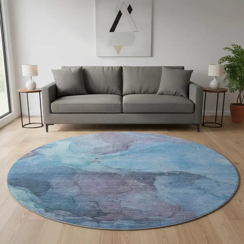 8' Blue And Gray Abstract Washable Round Rug With UV Protection Photo 2