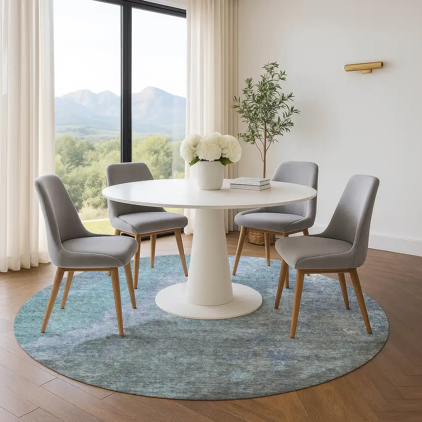 8' Blue And Gray Abstract Washable Round Rug With UV Protection Photo 5