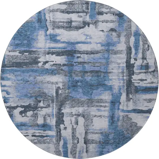 8' Blue And Gray Abstract Washable Round Rug With UV Protection Photo 4