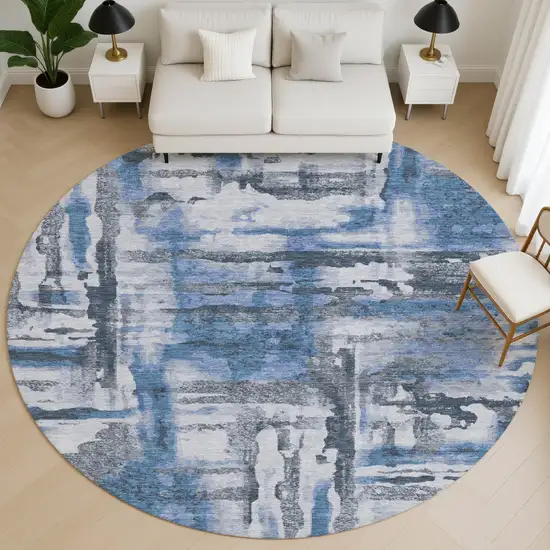8' Blue And Gray Abstract Washable Round Rug With UV Protection Photo 5