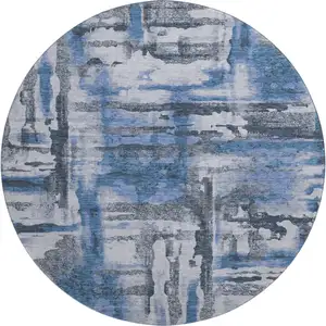 Photo of 8' Blue And Gray Abstract Washable Round Rug With UV Protection