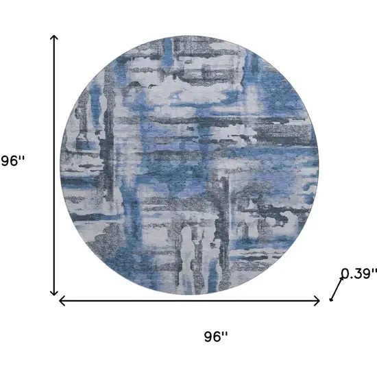 8' Blue And Gray Abstract Washable Round Rug With UV Protection Photo 8