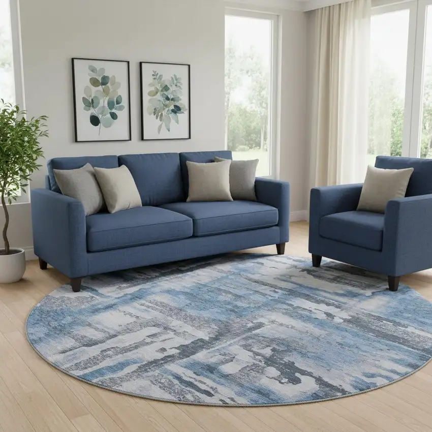 8' Blue And Gray Abstract Washable Round Rug With UV Protection Photo 2