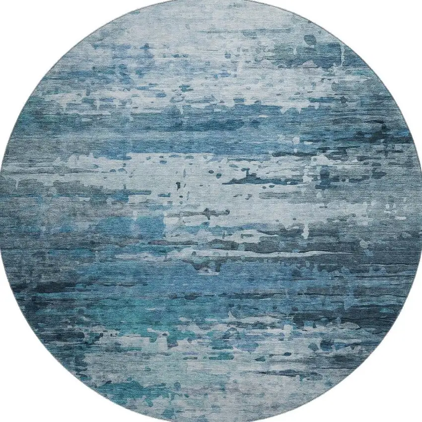 8' Blue And Gray Abstract Washable Round Rug With UV Protection Photo 7
