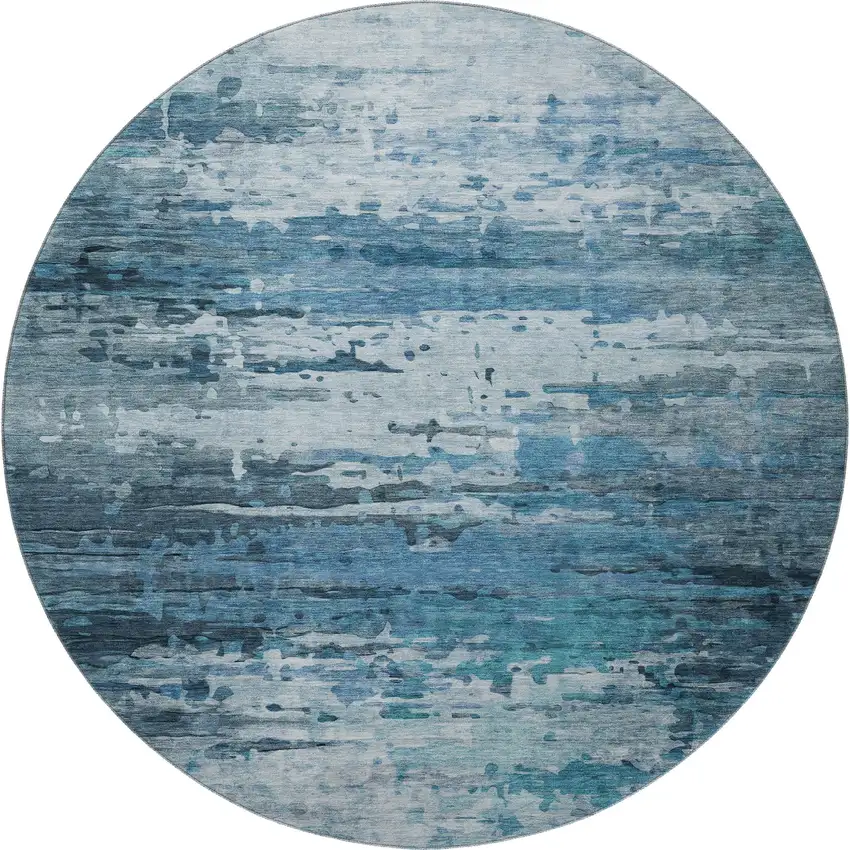 8' Blue And Gray Abstract Washable Round Rug With UV Protection Photo 4