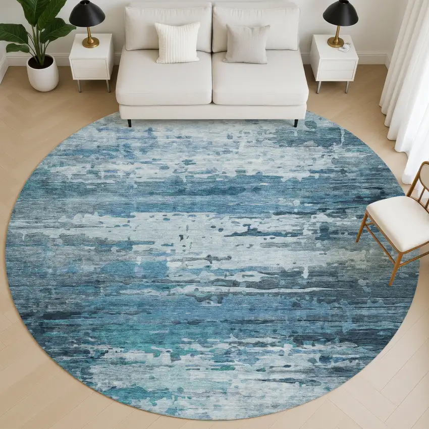 8' Blue And Gray Abstract Washable Round Rug With UV Protection Photo 5