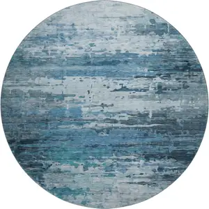 Photo of 8' Blue And Gray Abstract Washable Round Rug With UV Protection