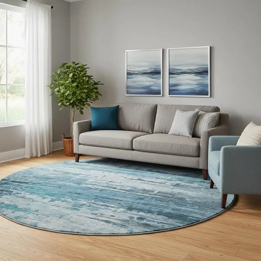 8' Blue And Gray Abstract Washable Round Rug With UV Protection Photo 2