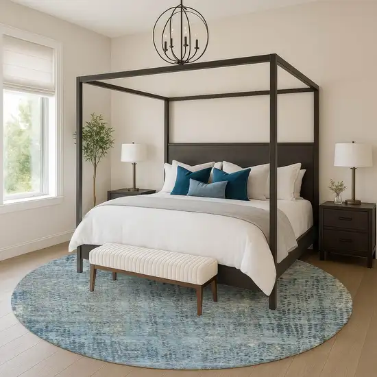 8' Blue And Gray Abstract Washable Round Rug With UV Protection Photo 5