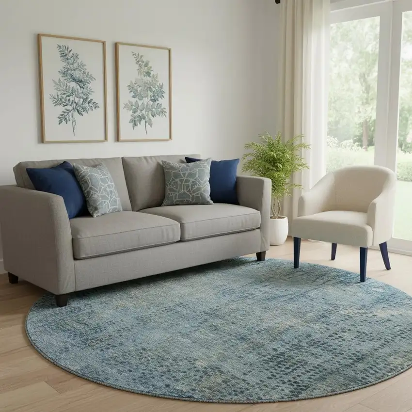 8' Blue And Gray Abstract Washable Round Rug With UV Protection Photo 2