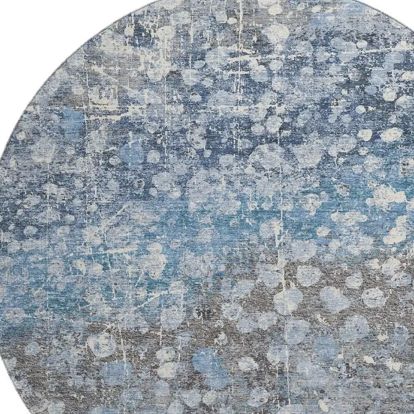8' Blue And Gray Abstract Washable Round Rug With UV Protection Photo 3
